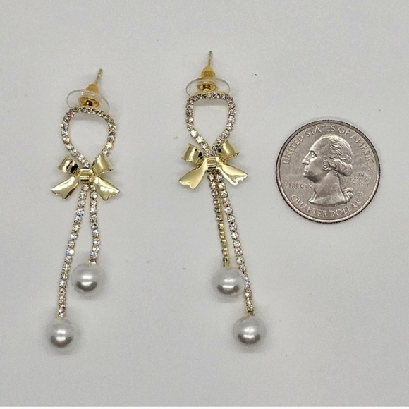 Gold Bow Pearl Dangle Earrings - Picture 8 of 14